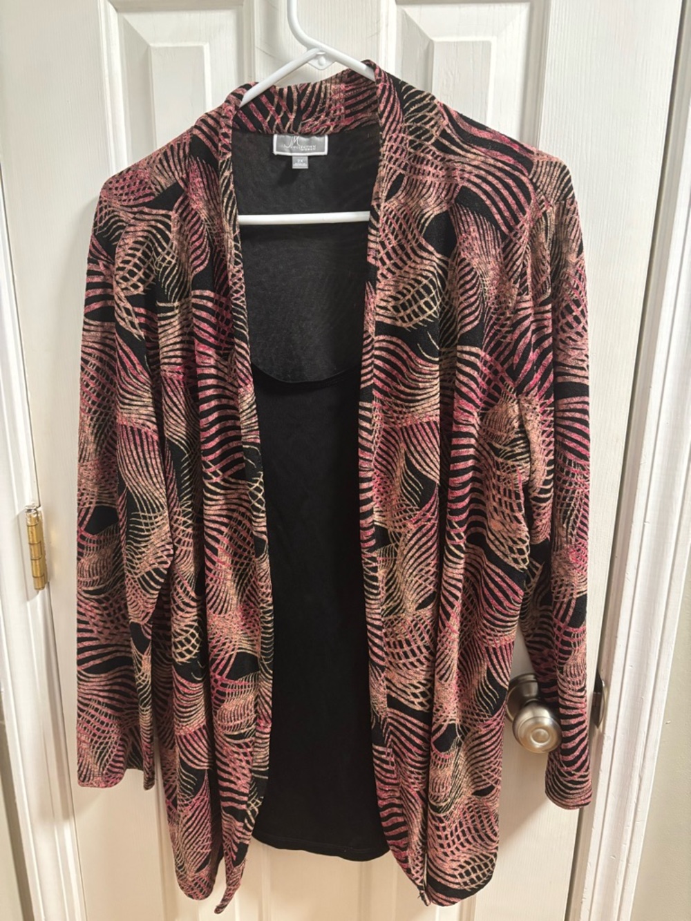 JM Collection Black Cardigan with Pink and Beige Wave Print